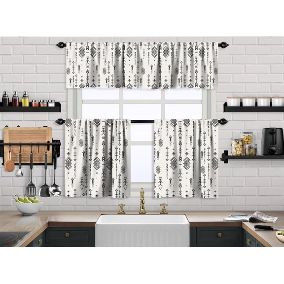 3S Brother's Kitchen Valance BOHO Printed Set of 3 Hanging Rod Pocket & Back Tab Window Décor Valances Tiers Café Curtains -Made in Turkey 0032( White 50"x14" Valance - 2 Tiers 24"x24")