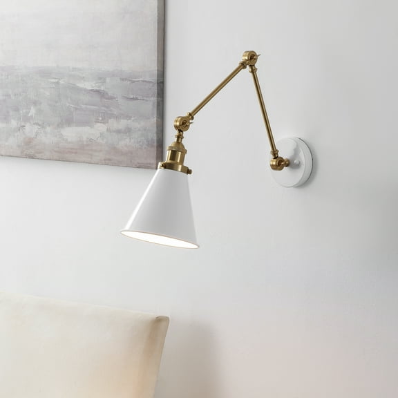 JONATHAN Y Rover 7" Classic Industrial Metal Adjustable Arm LED Wall Sconce, White/Brass Gold
