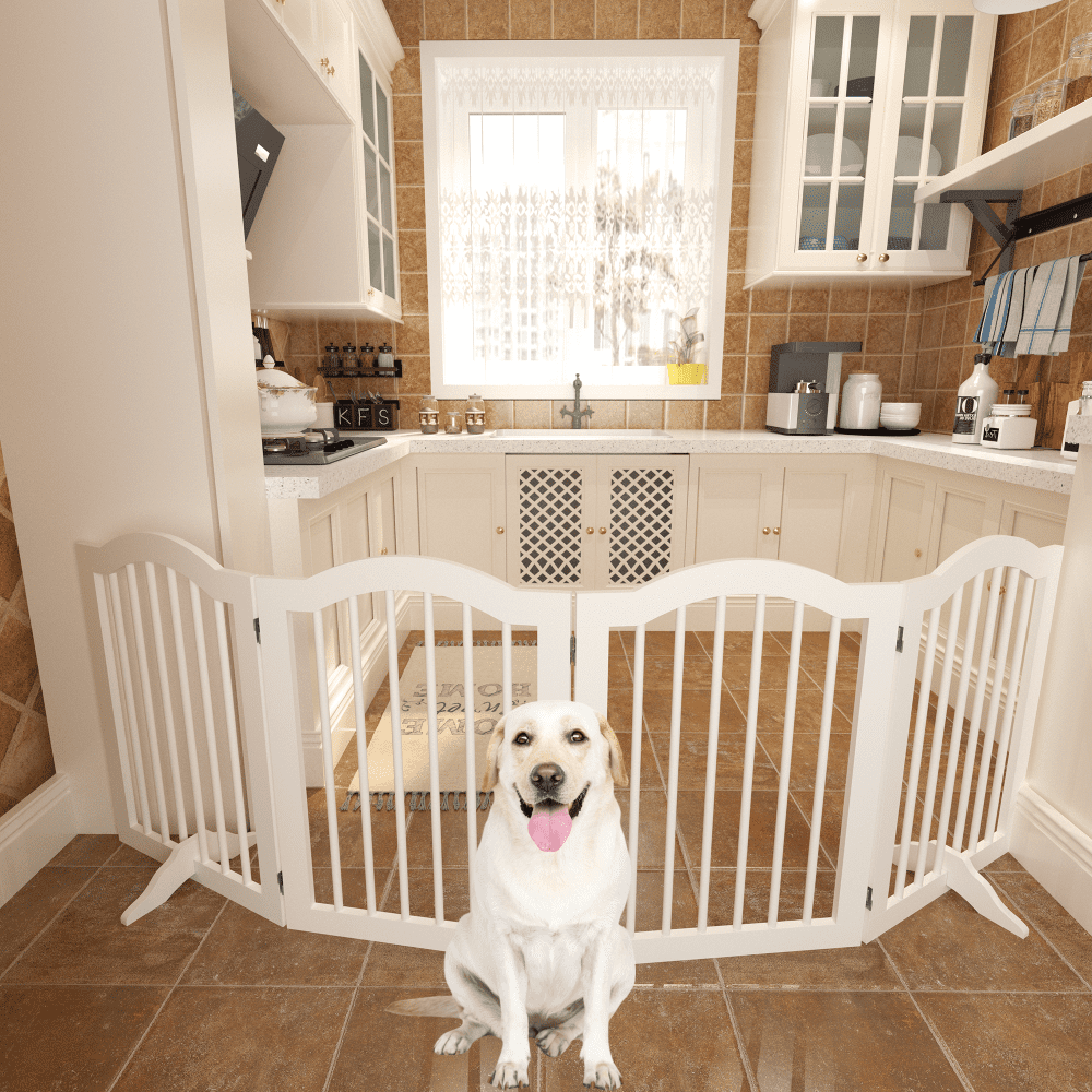 27.6" Height Tall Freestanding Pet Gate,4 Panels Foldable Dog Gate,Solid Wood Folding Safety Fence Wooden Dog Gate with 2 pcs Support Feet Ideal for Stairs,Doorways,Halls,Kitchens,Heavy Duty Gat