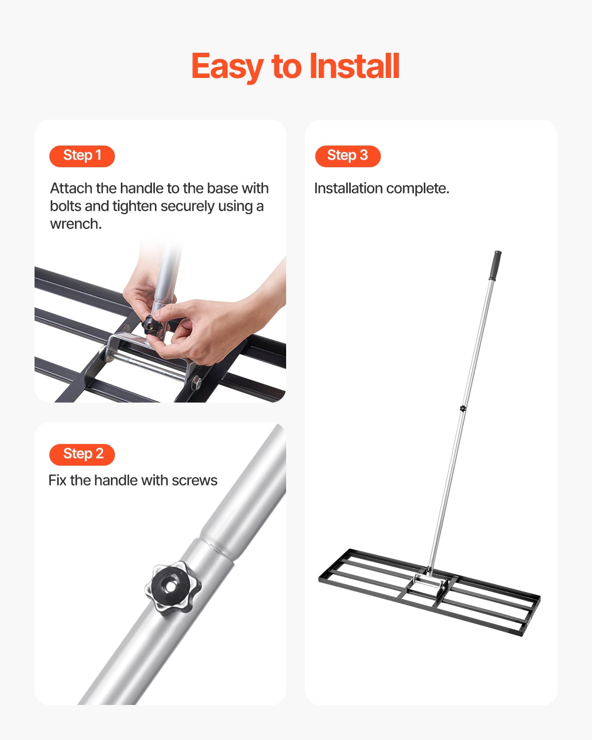 VEVOR Lawn Leveling Rake, Lawn Leveler with 83.9 in Handle, 36x10 in Ground Plate, Rust-Resistant Carbon Steel Soil Leveler, 3 Heights Adjustable, Effort Saving Lawn Leveling Tool
