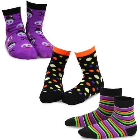 TeeHee Halloween Kids Cotton Fun Crew Socks 3-Pair Pack (Skull Stripes & Dots)