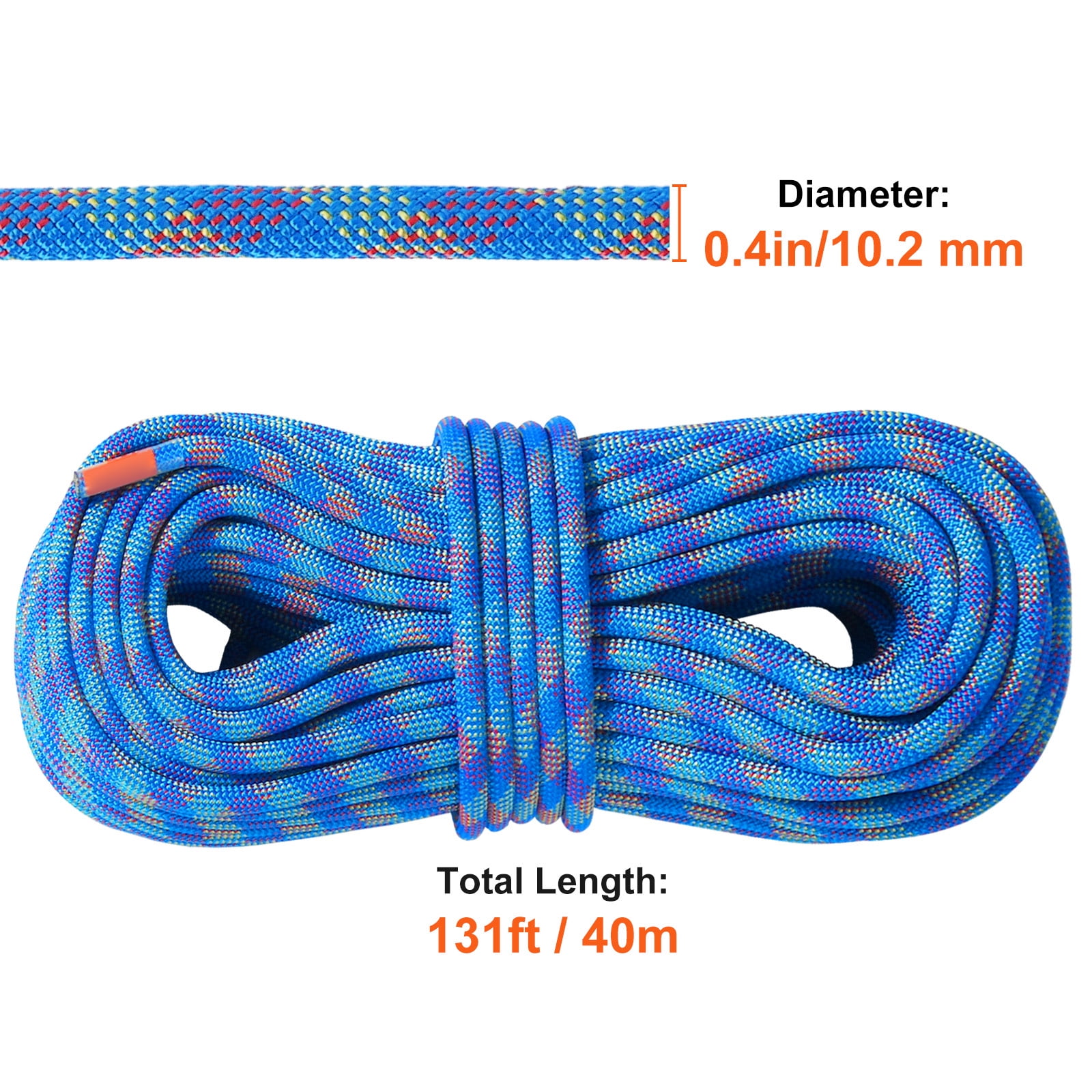 KFFKFF 10.2mm Dynamic Rope, 40M for Outdoor Climbing, 25KN Tension, Flexible Fiber with Steel Hooks for Escape, Rappelling, Fire Rescue, Blue