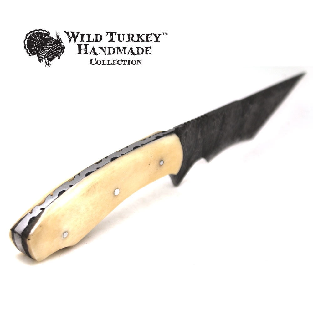 11" Damascus Fixed Blade Bone Handle Hunting Knife with Leather Sheath