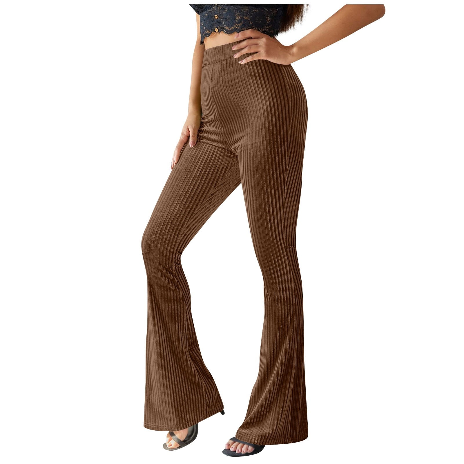 Owordtank Womens Bell Bottom Ribbed Pants Casual High Waist Flared Pants  Brown L