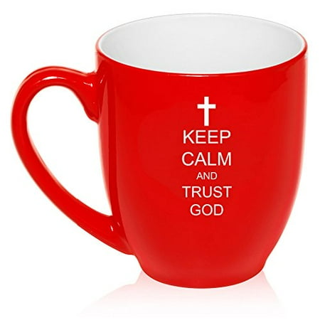 

16 oz Large Bistro Mug Ceramic Coffee Tea Glass Cup Keep Calm And Trust God Cross (Red)