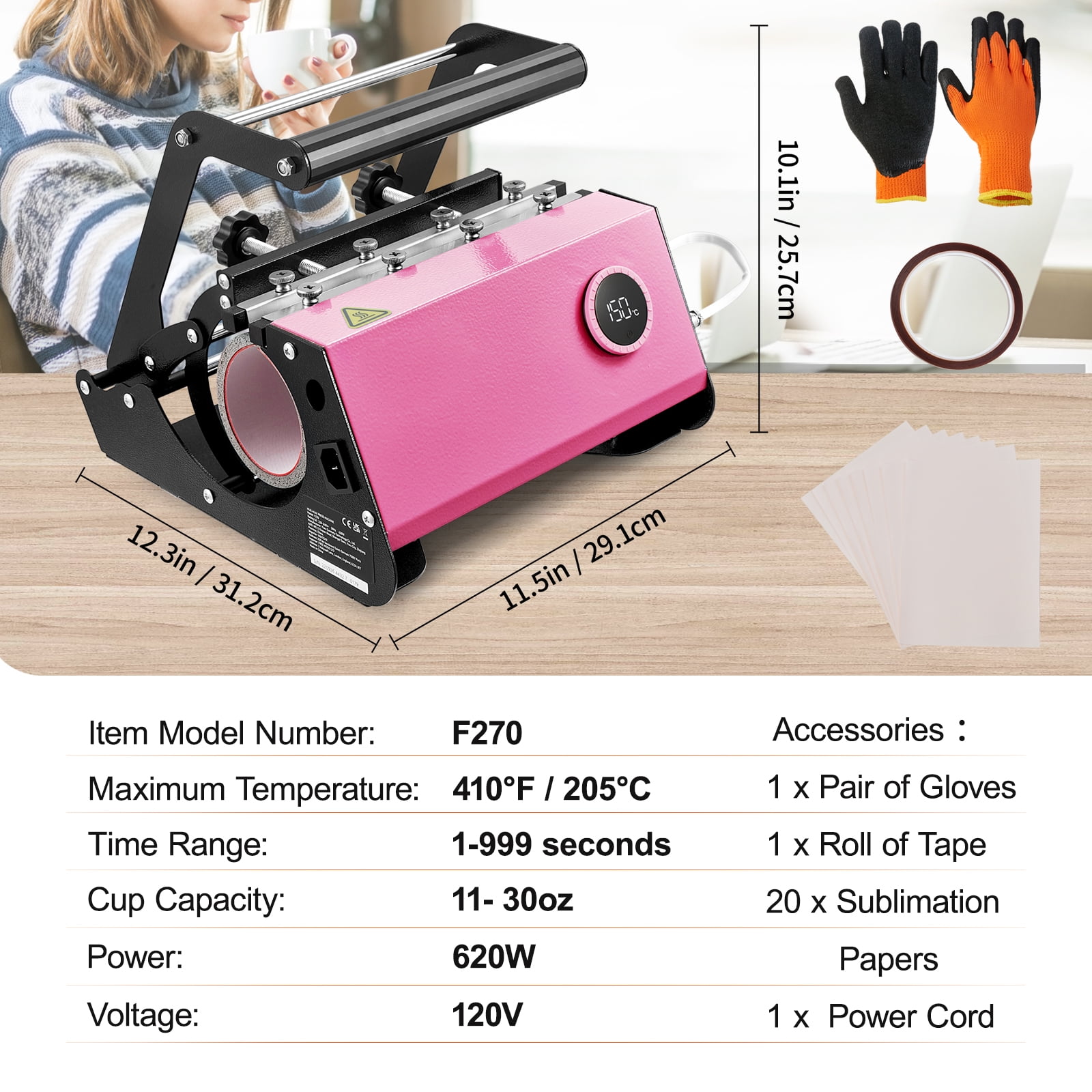 SKYSHALO Tumbler Heat Press, Sublimation Transfer 11-15oz 16-25oz 30oz Straight Skinny Tumblers,30oz Mug Heat Press Machine Cup Heat Mug Press DIY Mug Cup Heat Transfer with Heat-Resist Gloves(Pink)