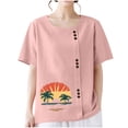 thumbnail image 4 of Lydiaunistar Hauts de Printemps pour Femmes Grande Taille Blouse Décontractée à Manches Courtes Imprimée Boutonnée, T-Shirt Col Rond en Polyester pour Femmes, Haut de Mode Polyvalent Rose, 4 of 6