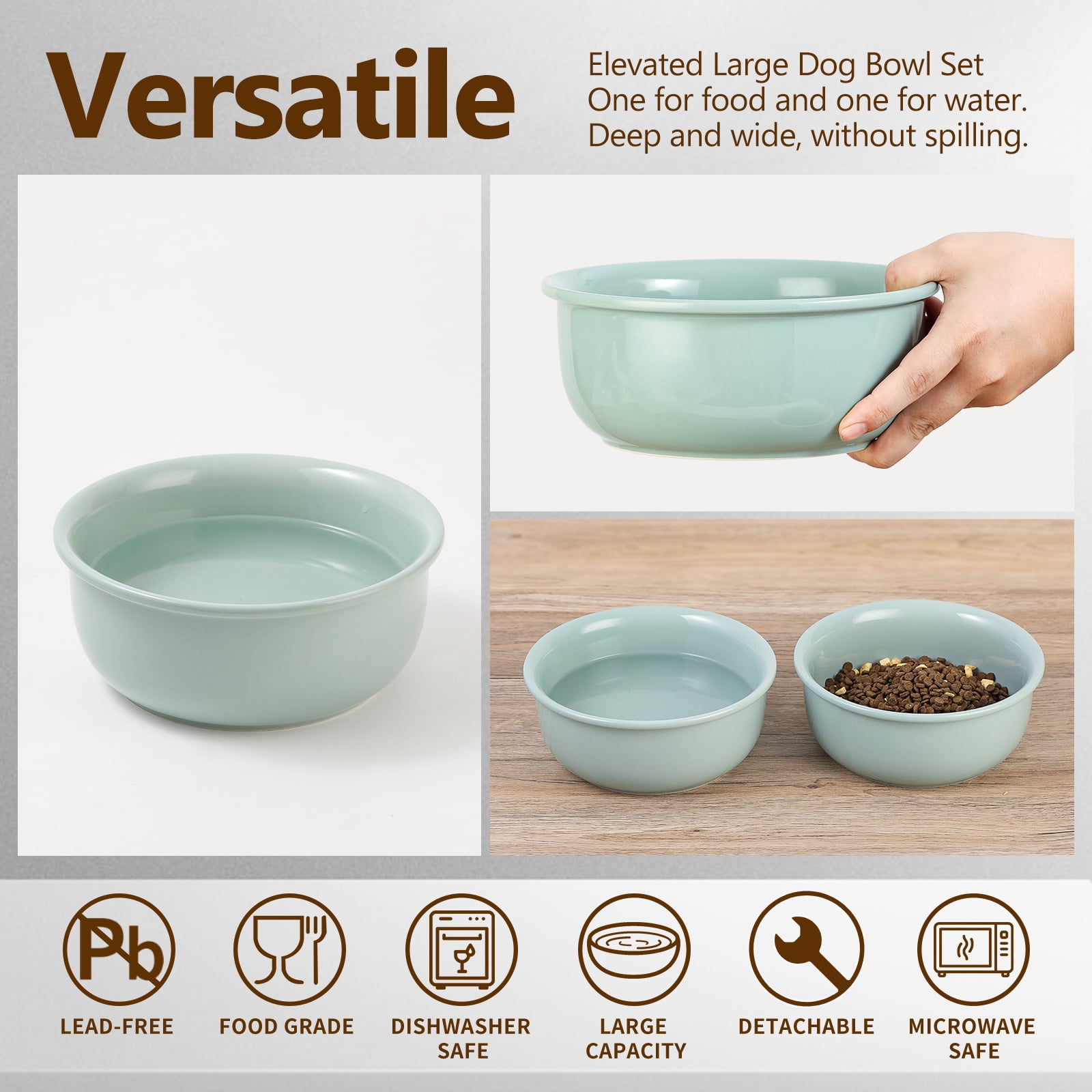 Raised Dog Food and Water Bowl with Non Slip Stand - Ceramic Pet Dishes for Medium to Big Dogs - 2 x 1600 ml