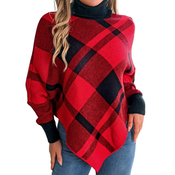 oqasdz Sweaters for Women Plaid High Neck Poncho Long Sleeve Dark Green Irregular Hem Sweaters Tops Fashion Streetwear Casual Cozy Daily Wear