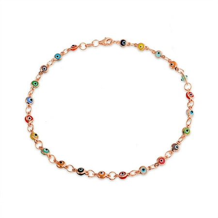- Turkish Evil Eyes Multi Color Anklet Link Ankle Bracelet For Women Rose Gold Plated 925 Sterling Silver 10 Inch