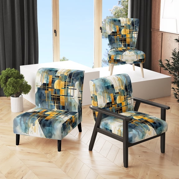 Designart "Abstracted Realities Gold Blue Composition" Gold Abstract Shapes Upholstered Accent Chair - Modern Arm Chair For Bedroom