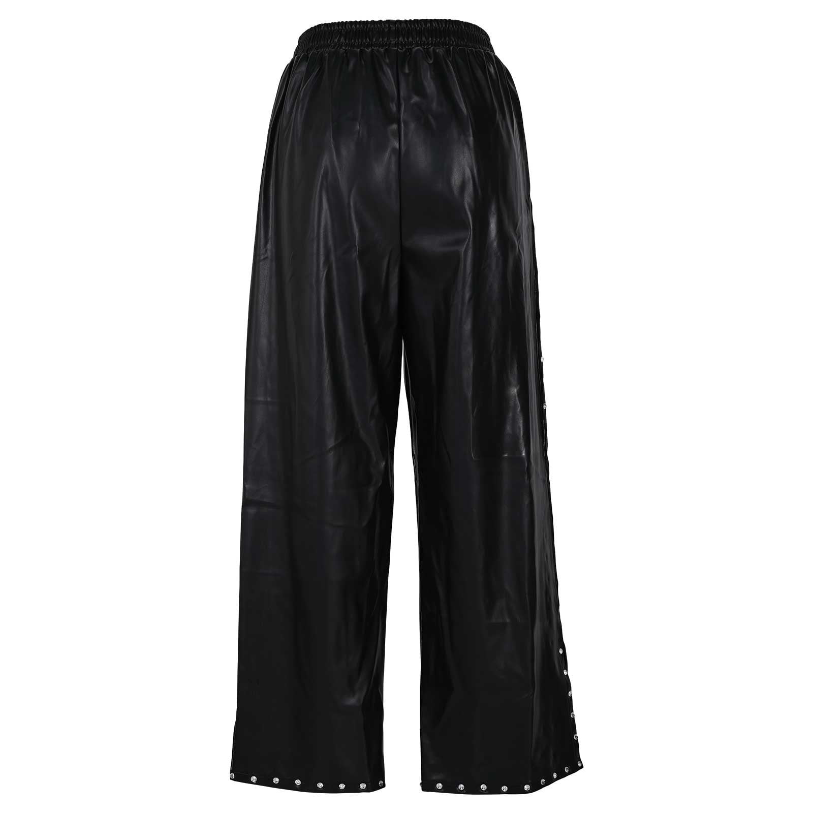 SuTry Women's Wide Leg Faux Leather Pants Rivets Pearls Elastic Waist Trousers with Pockets Leather Pants Mid Rise Novelty Studded Pants(Black,Black)