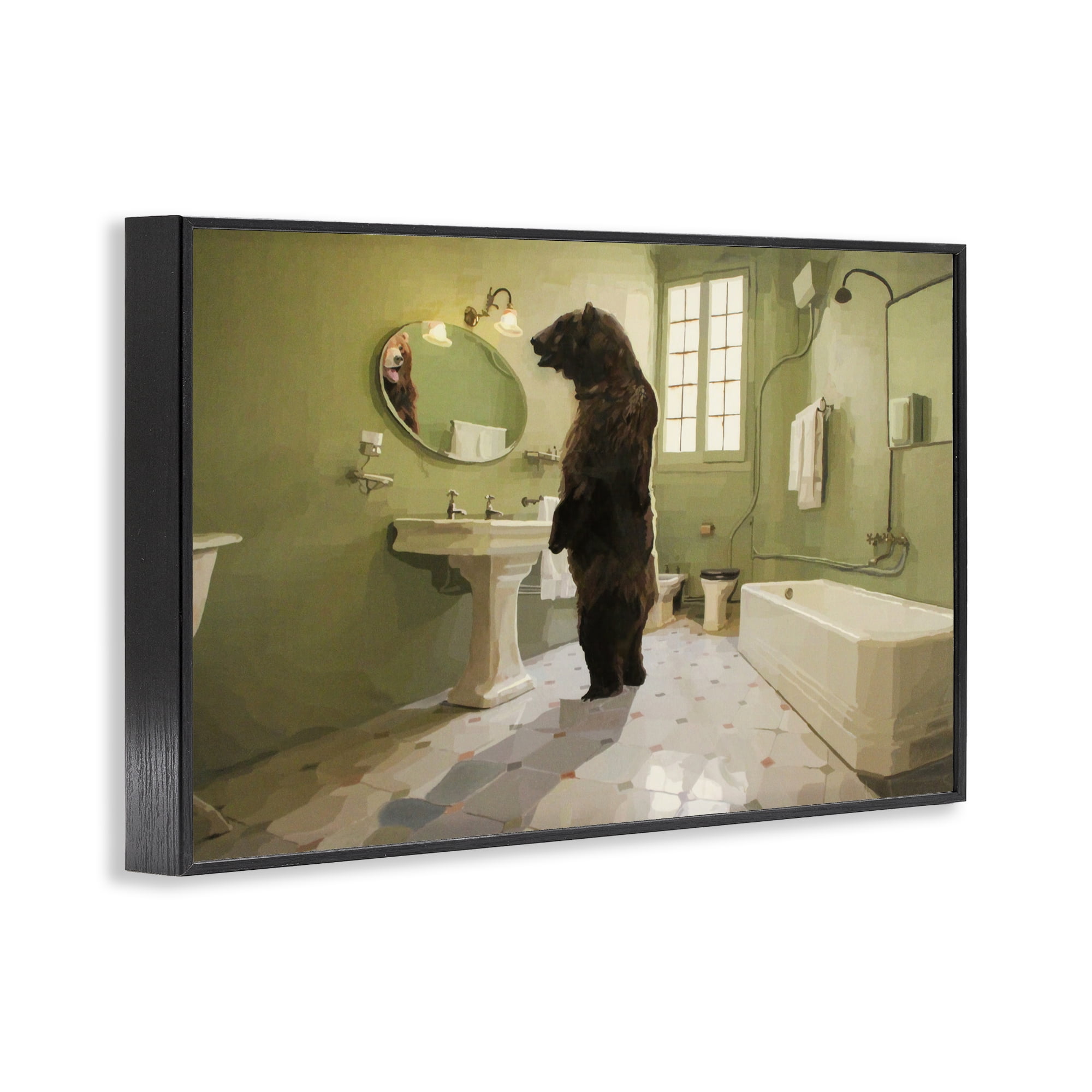 The Houseguest Bear in Bathroom Black Framed Giclee Art, design by Keith Thomson
