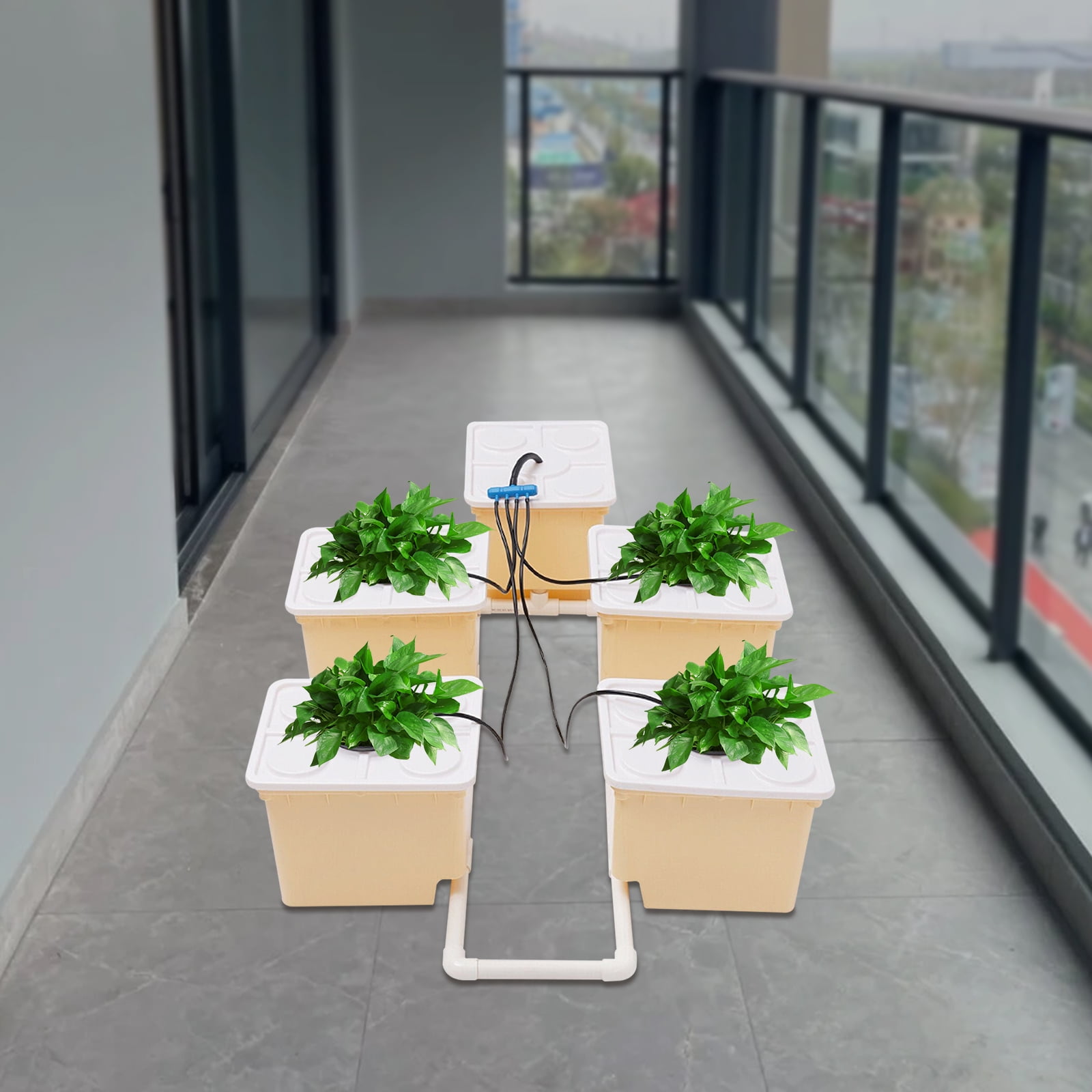 5 Bucket DWC Hydroponic Growing System, PP&UV Material Indoor Outdoor Drip Irrigation Kit with 11L Capacity Per Bucket, Complete Accessories Included for Vegetables Herbs Flowers