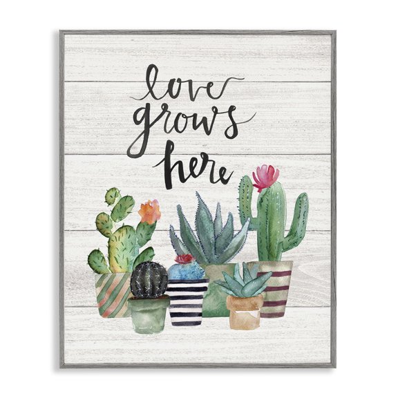 Stupell Industries Farmhouse Love Grows Here Cactus Succulents Watercolor Gray Framed Giclee Art, 11 x 14, by Jo Moulton