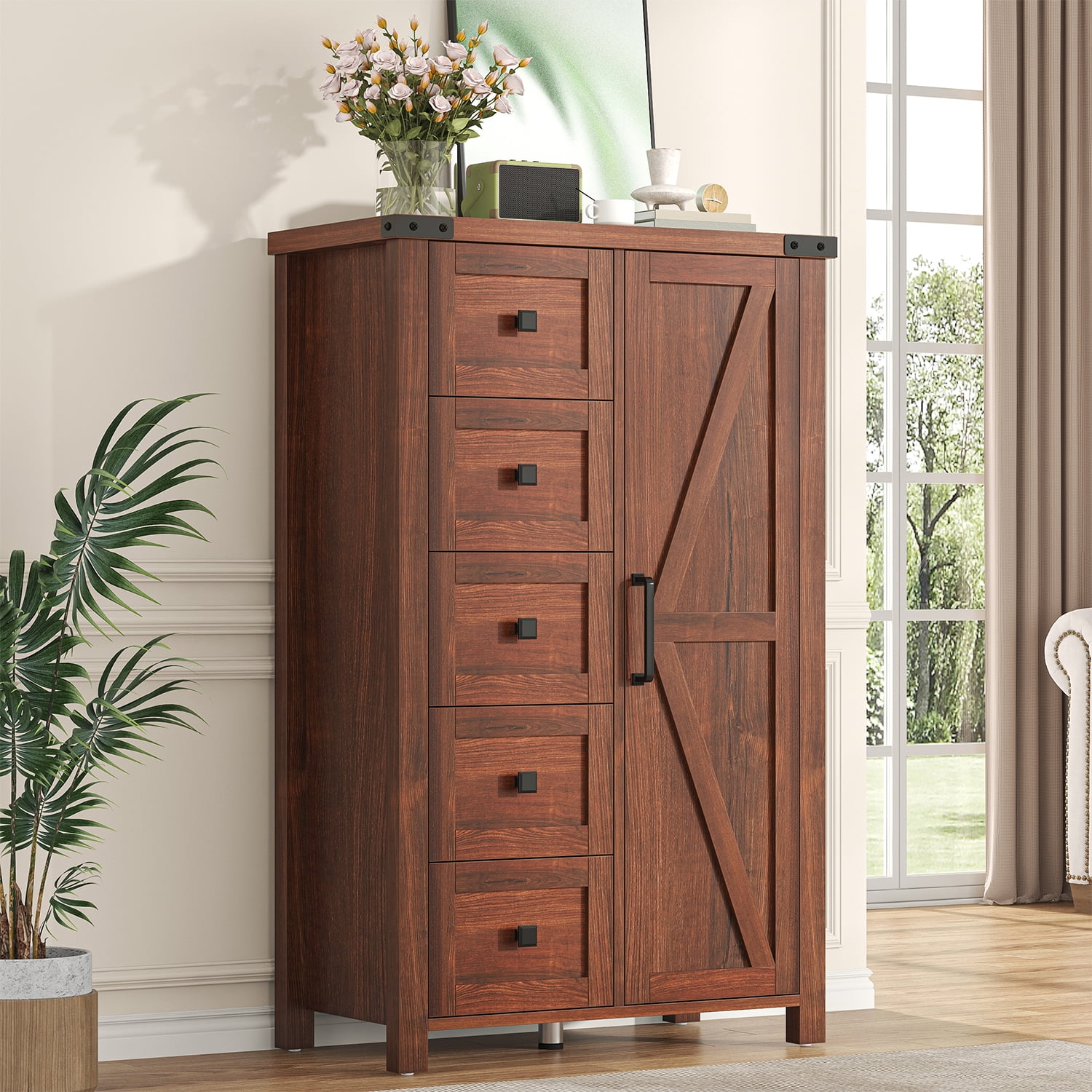 Frmobepts Farmhouse 5 Drawer Dresser with Barn Door, Adjustable Storage Cabinet for Bedroom Living Room, Brown