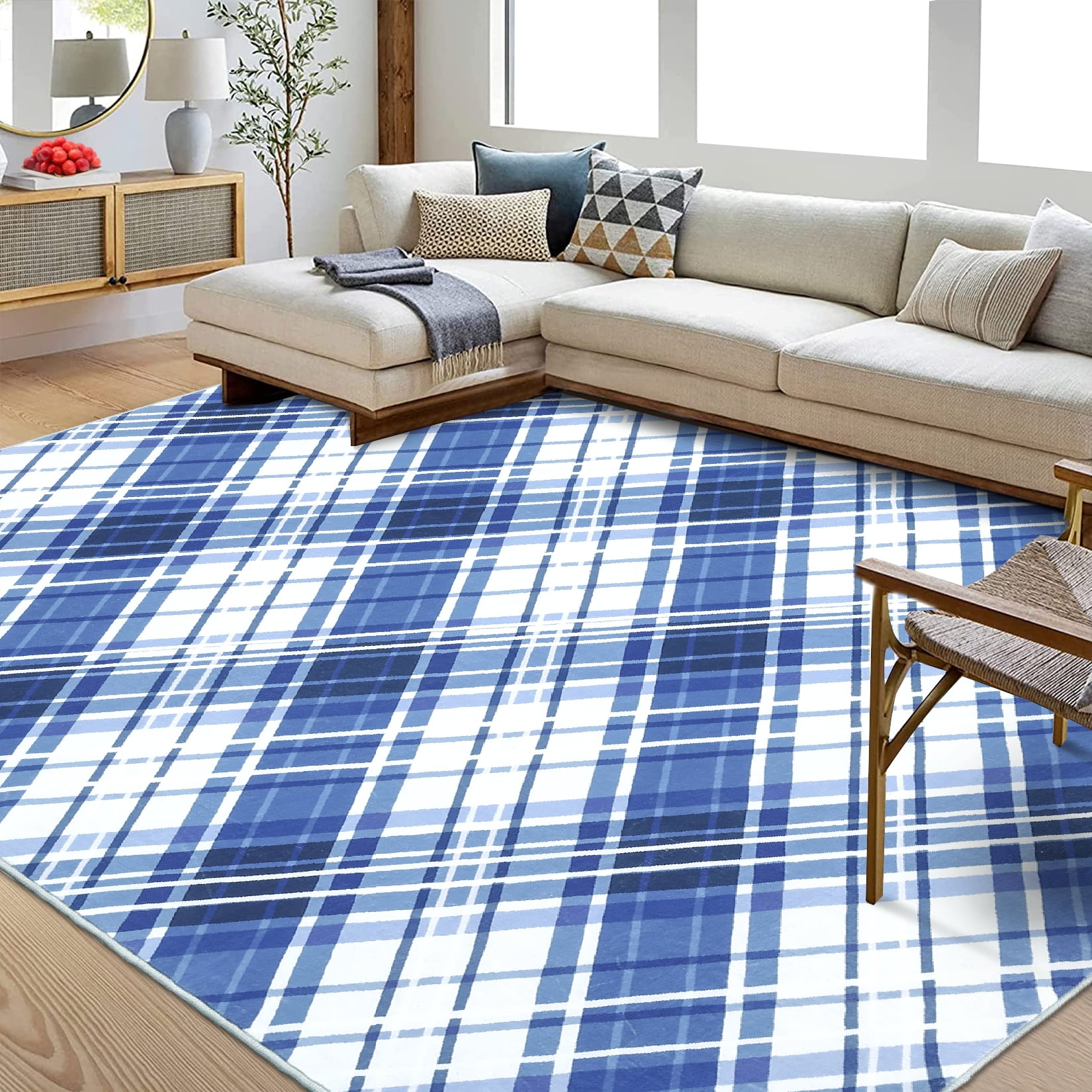FairOnly Runner Rug 2' x 6' Modern Soft Rug Washable Area Rug Non Slip Rug Plaid Design Area Rug for Hallway Bathroom, Blue