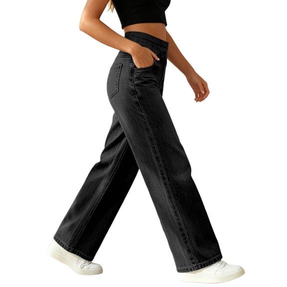 Womens Casual Wide Leg Jeans Pants Solid Color High Waist Trousers Flowy Loose Lightweight Pants