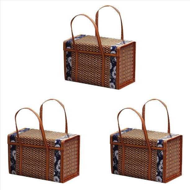 3X Cesta Tejida para Picnic, Bolsa de Almacenamiento de Mimbre con Asa, Cesta de Bambú Plegable con Asa para Compras de Frutas y Alimentos, Cesta de Bambú Plegable B