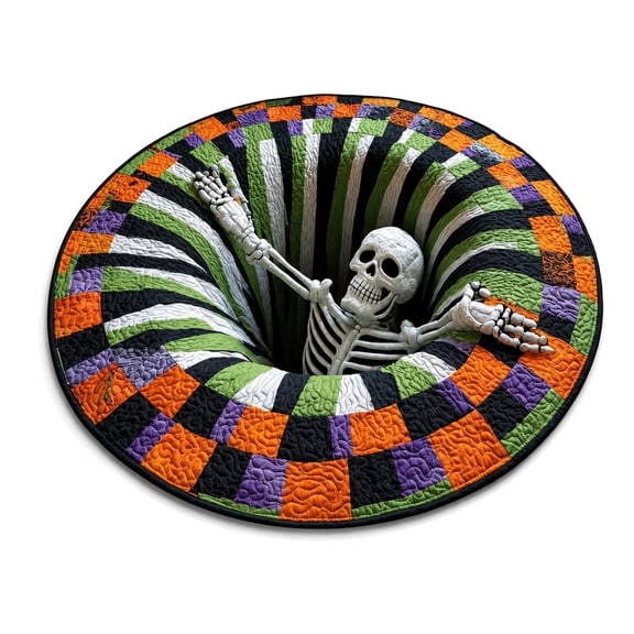 3D Halloween Rugs - Skeleton Vortex Quilted Round Halloween Rug, Non-Slip Soft Crystal Velvet Floor Mat, Spooky Optical Illusion Decor for Living Room Bedroom Entryway