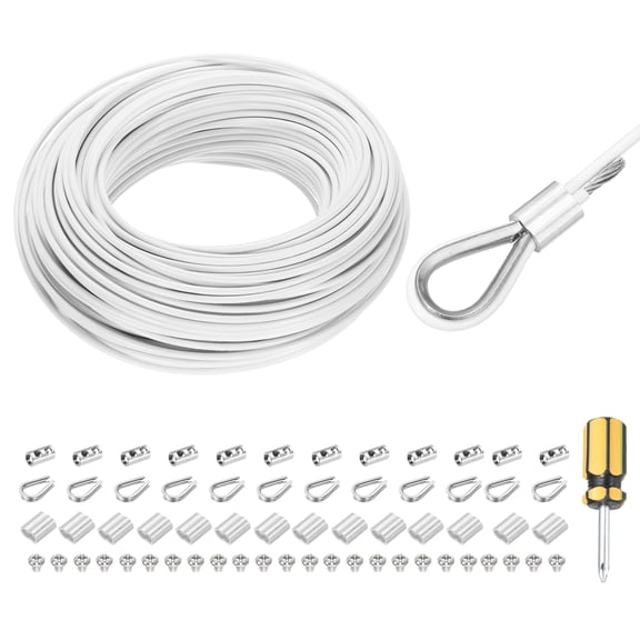 164Ft(50M) Wire Rope 304 Stainless Steel Cable 1/8"(3mm) Vinyl Coated with 1pcs Cable Clamp, Aluminum Sleeves and Thimble for Hanging, Clotheslines, Lifting White