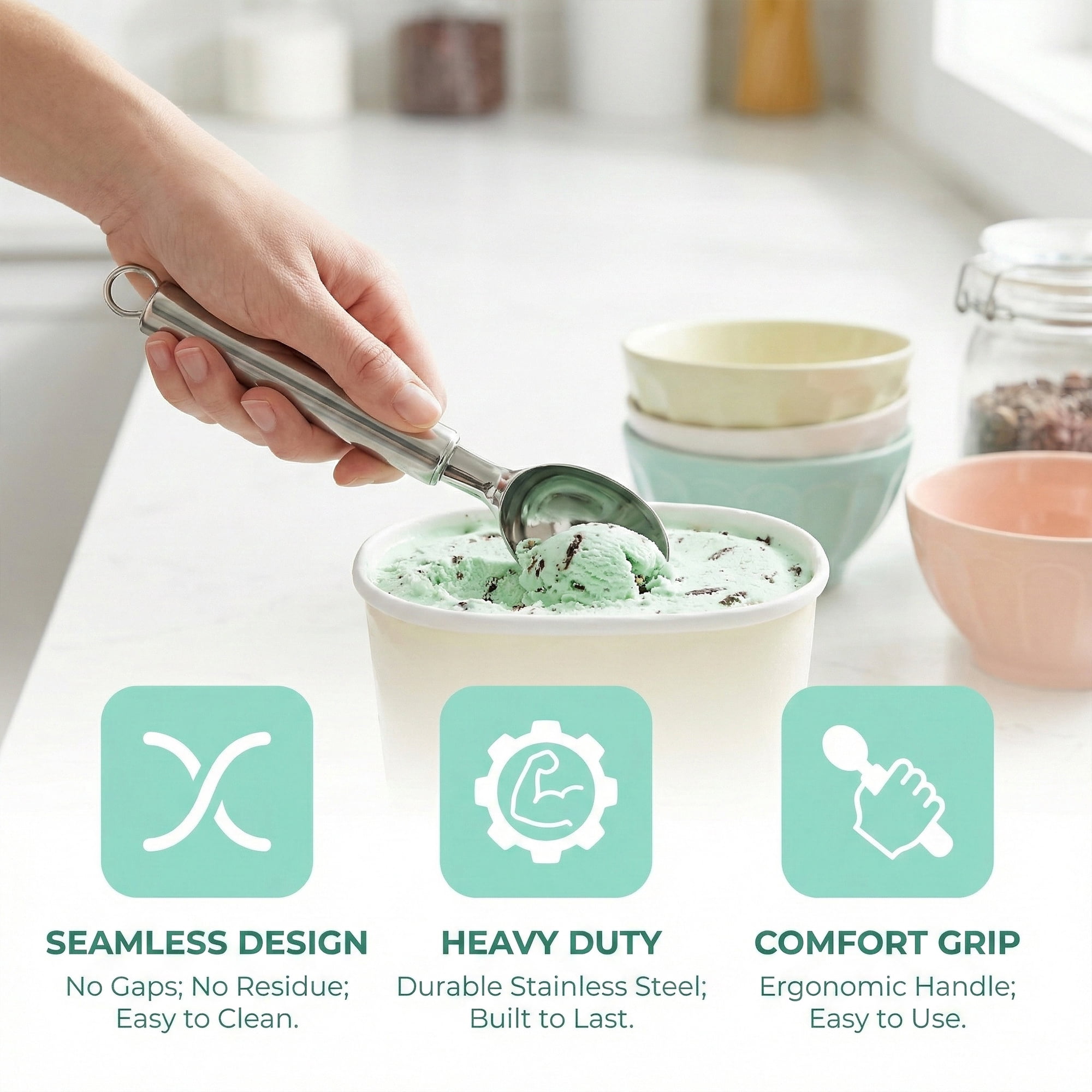 Unique Bargains Stainless Steel Ice Cream Scoop with Handle Silver 8.1in