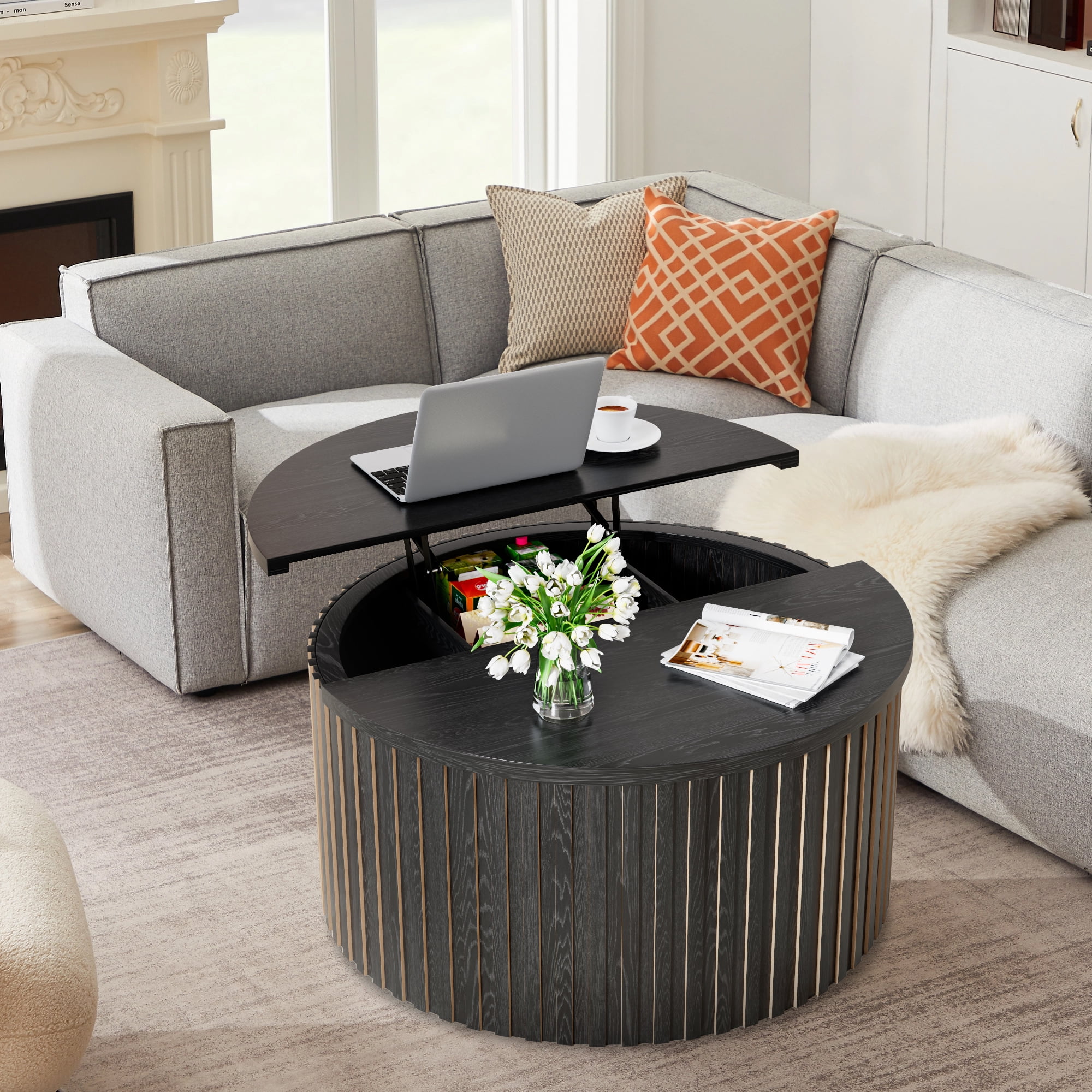 Round Coffee Tables for Living Room, Lift Top Coffee Table with Storage, Round Wood Center Table