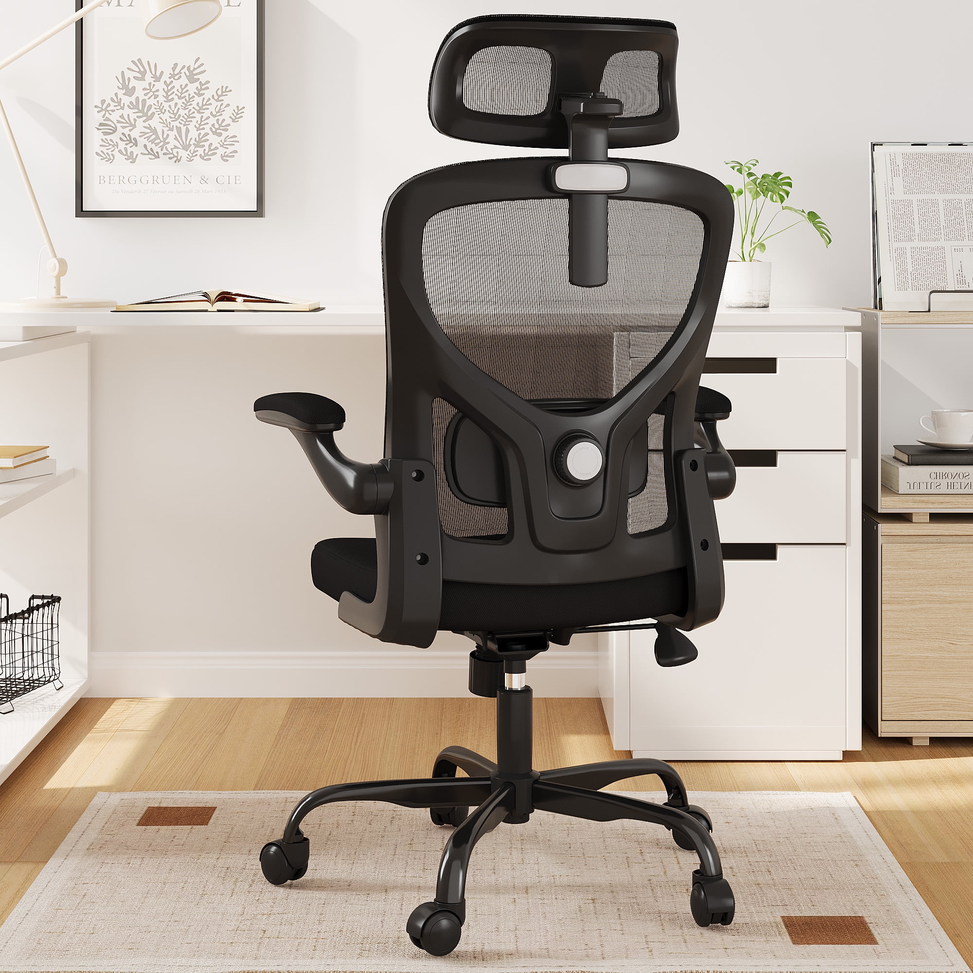 MAYEERTY Ergonomic Home Office Chair with Lumbar Support, Flip-Up Armrests, Headrest for Work & Study,Black
