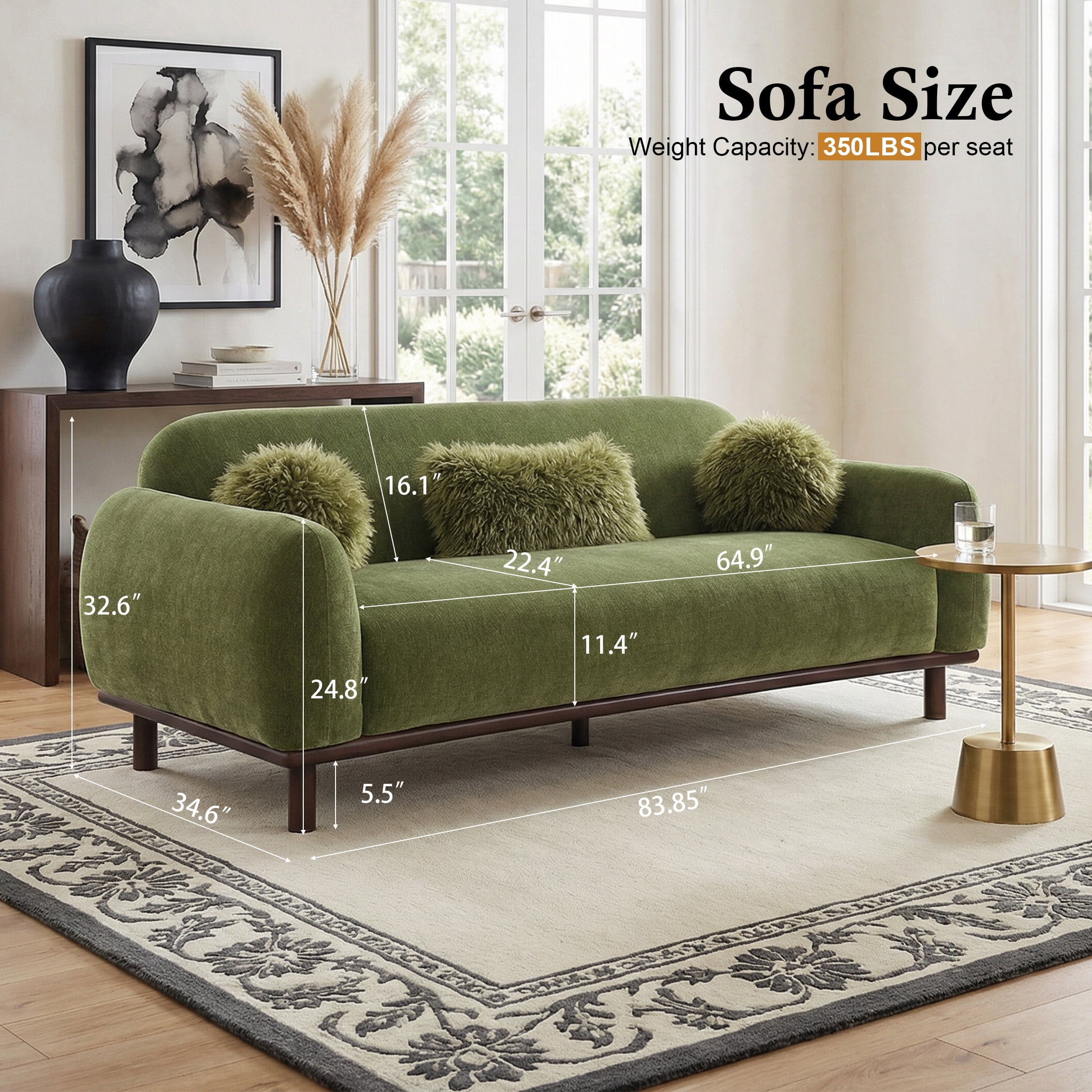 Aukfa 84" Contemporary Sofa, 3 Seater Couch for Living Room, Chenille, Green