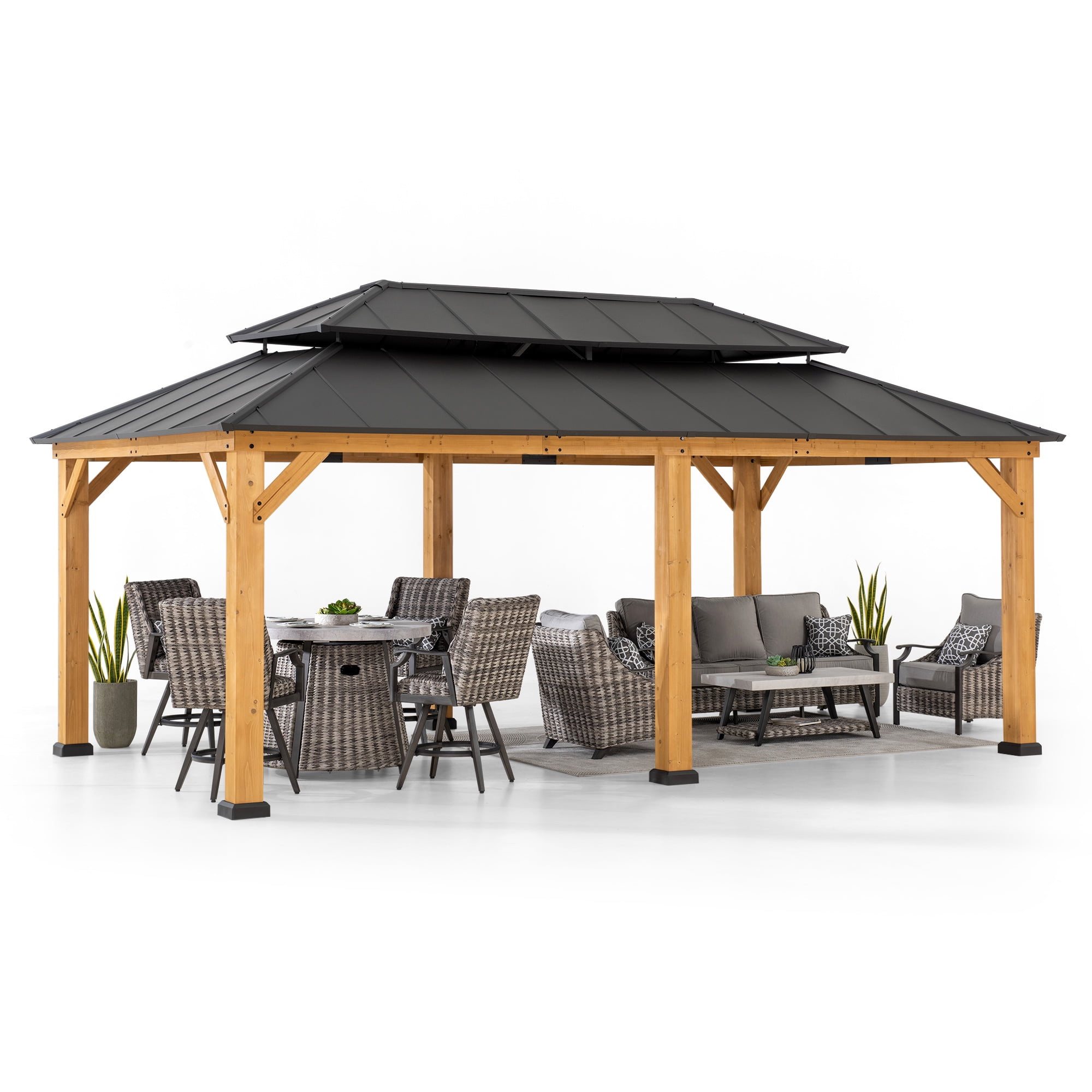 Sunjoy Gazebo en Bois 12 x 20 Pi, Gazebo Extérieur en Acier avec Toit Métallique à Deux Niveaux, Charpente en Cèdre, Adapté aux Terrasses, Jardins et Pelouses, Marron Foncé