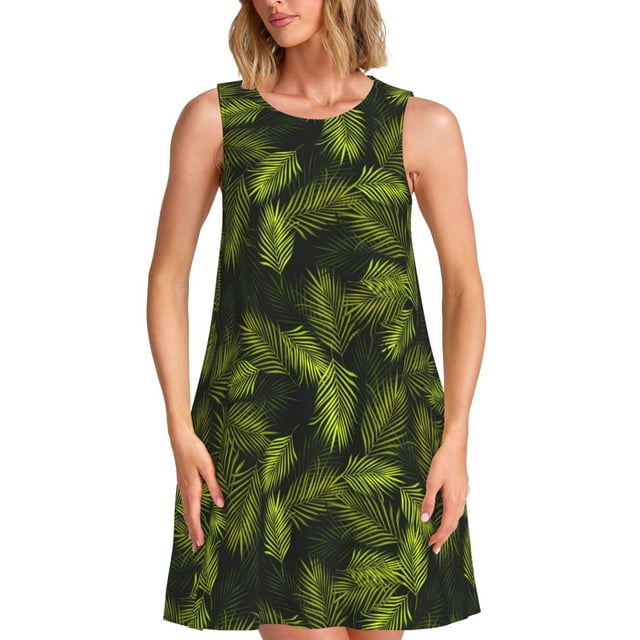 Fotbe Tropical Palm Leaves Fern Leaf Vestido de Verano sin Mangas para Mujer – Vestido Midi Línea A, Estilo Camiseta Floral, Vestido Playero Casual y Fluido