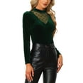 thumbnail image 4 of INSPIRE CHIC Women's Mesh Panel Swiss Dots V-Cut Neck Patchwork Long Sleeve Top XS Dark Green, 4 of 6