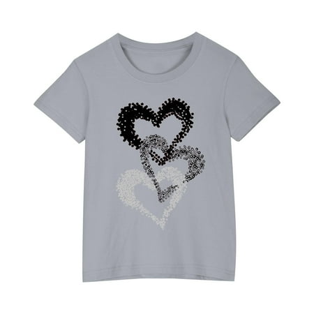 FAVIPT Kids Graphic T-Shirt Girls Summer Boys Cotton Short Sleeve Crew Neck Shirt Casual Soft Cute Heart Print Tee Shirts Gray 7 Years