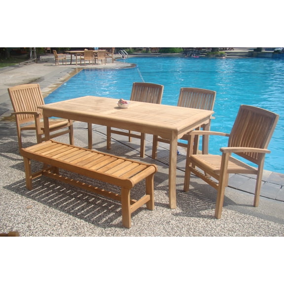 Teak Dining Set:6 Pc - 71" Rectangle Table, 4 Wave Stacking Arm Chairs with 55" Backless Bench Outdoor Patio Grade-A Teak Wood WholesaleTeak #WMDSWV5