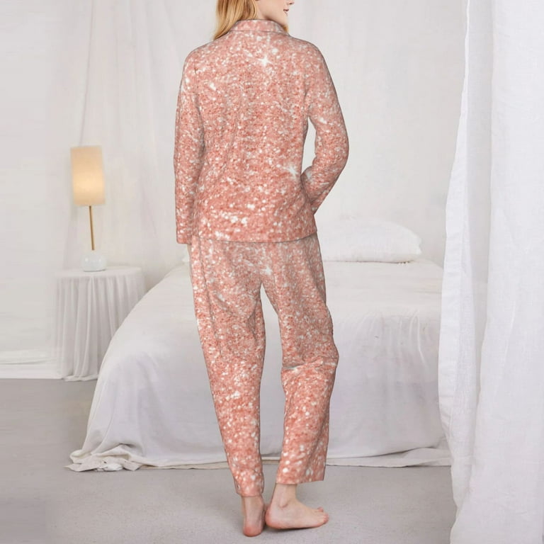 Kll Rose Gold Glitter Print Women S Long Sleeve Pajamas With Pants Sleepwear Loungewear 2 Set Large Walmart