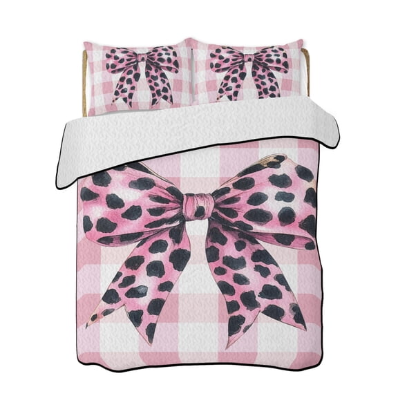 Leopard Print Bow Quilts Bedding Set Queen Size Sweet Pink White Plaid Lightweight Quilted Bedspread 3 Piece Bed Quilt with 2 Pillow Shams All Season for Bedroom 78" x 90"