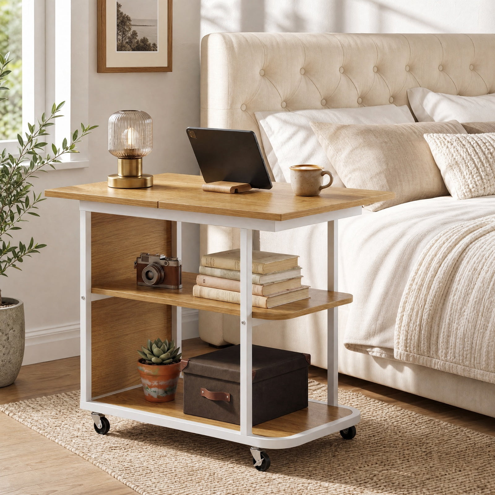Furnibear Mobile Nightstand with Foldable Swivel Top and 2 Tier Shelf Rolling Bedside Table for Small Spaces Bedroom, Natural