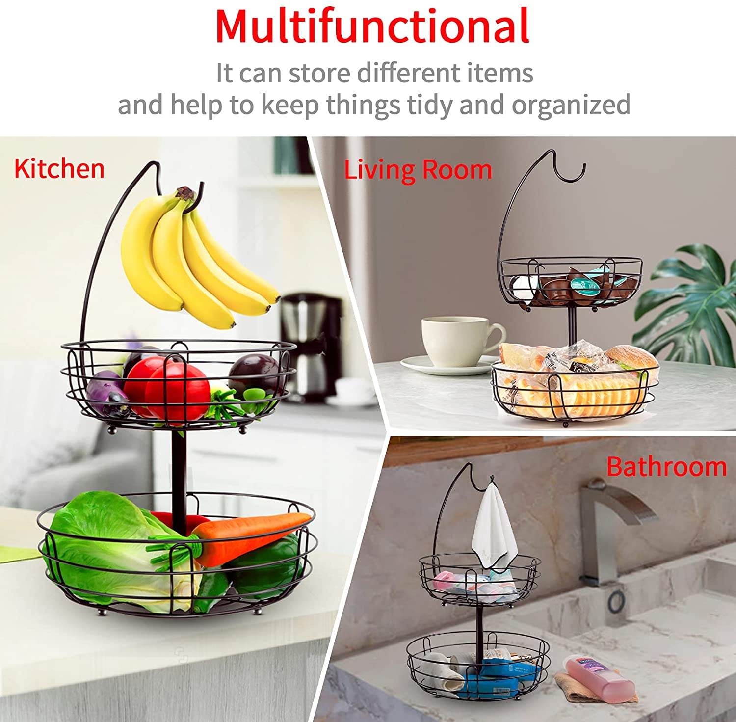 2 Tier Fruit Basket with Banana Holder Metal Fruit Bowl for