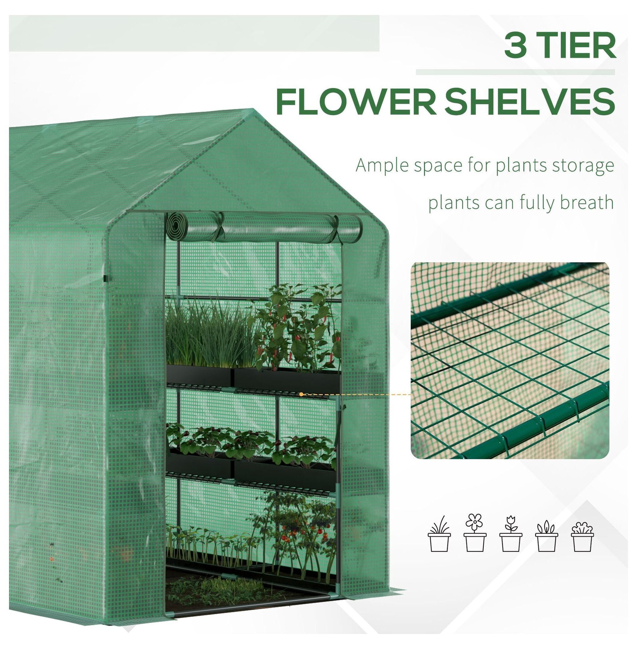 Walk-In Greenhouse 7x5x6 ft - Portable Plant Grow House with Shelves - Green PE Cover Steel Frame - Vegetable Herb Flower Garden Hothouse