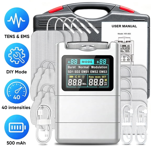 FRESHDEW TENS Unit, Pulse Muscle Stimulator with 12 Reusable Pads, EMS Dual Channel, DIY Mode, 40 Intensities, for Back Neck Leg Relief