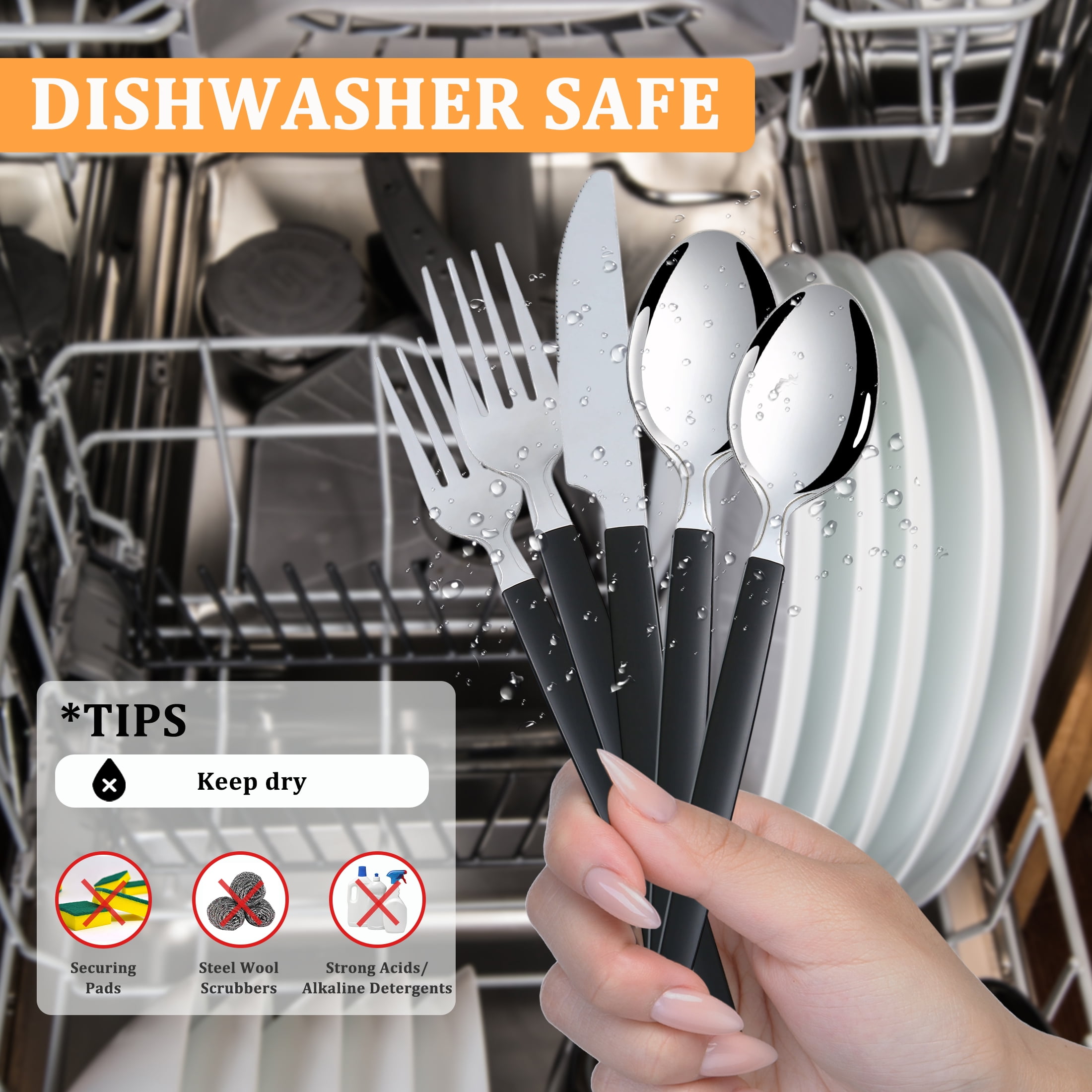 Mainstays 49-Piece Flatware Set with Black Stainless Steel and Organizer Tray Service for 8