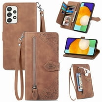 Dteck Case for Samsung Galaxy A52 5G,Magnetic Leather 7 Card Slots Zipper Wallet Case Shockproof Rubber Kickstand Cover with Wrist Strap, Brown
