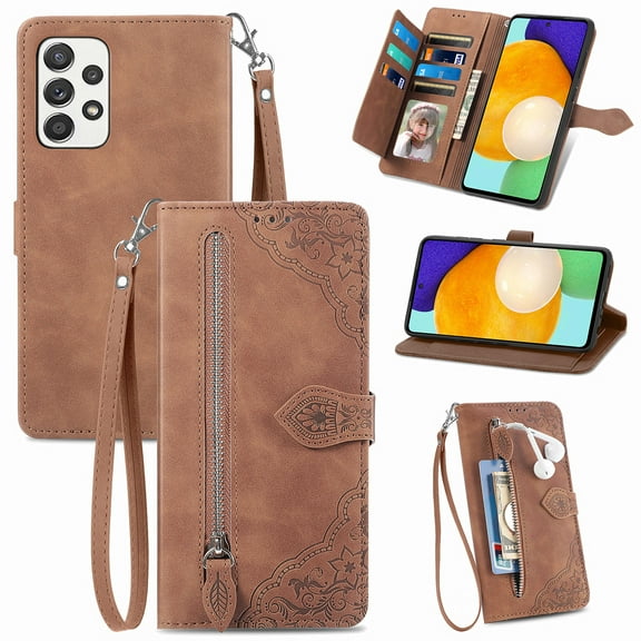 TECH CIRCLE Samsung Galaxy A73 5G Wallet Case,Embossed Flower PU Leather Folio Flip Protective Zipper Cover with Wrist Strap RFID Blocking Card Holder Kickstand Case for Galaxy A73 5G 6.7" 2022,Brown