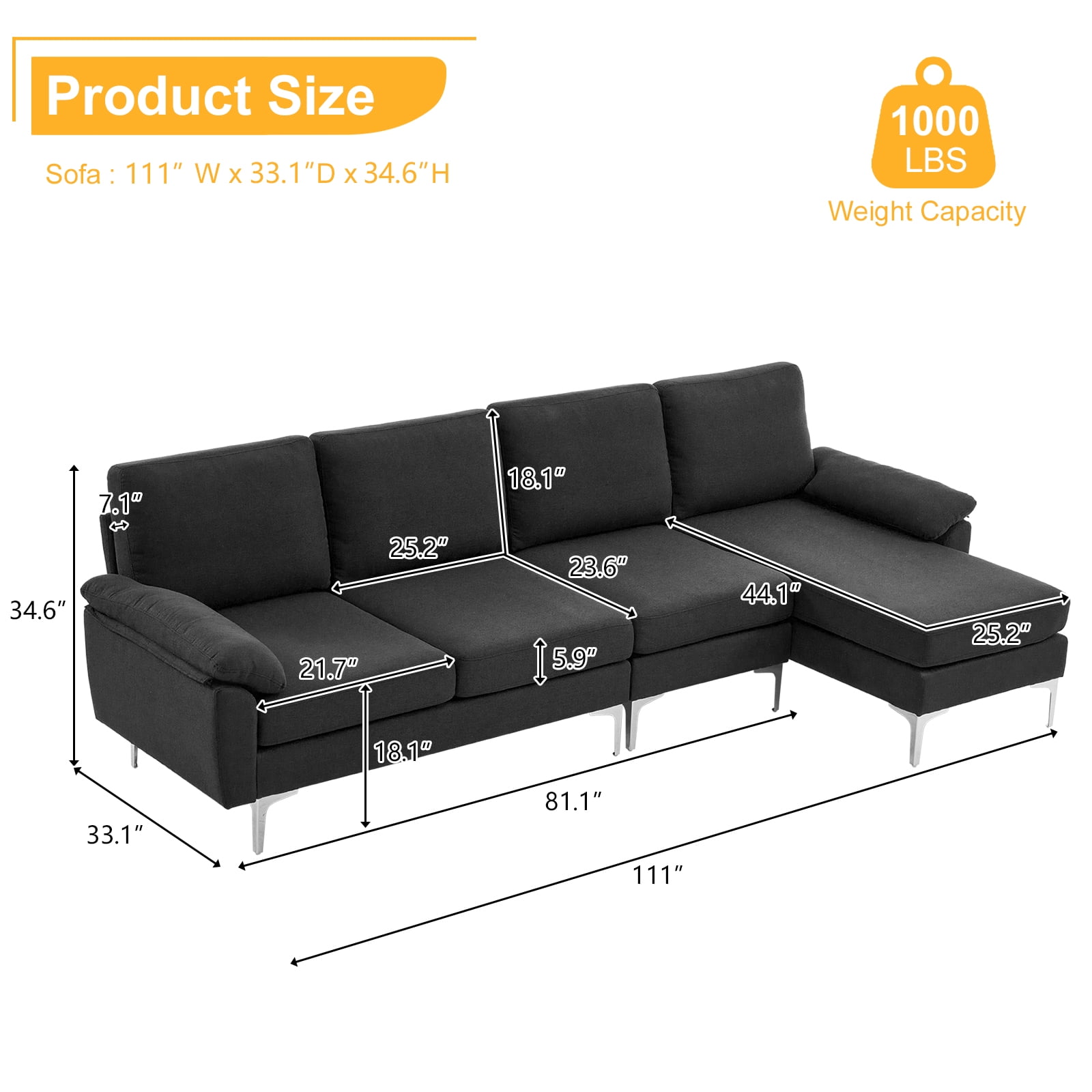 Ktaxon Sectional Sofa Set, L Shaped Linen Fabric Couch with Chaise Lounge, 4 Seats Sleeper for Living Room Black