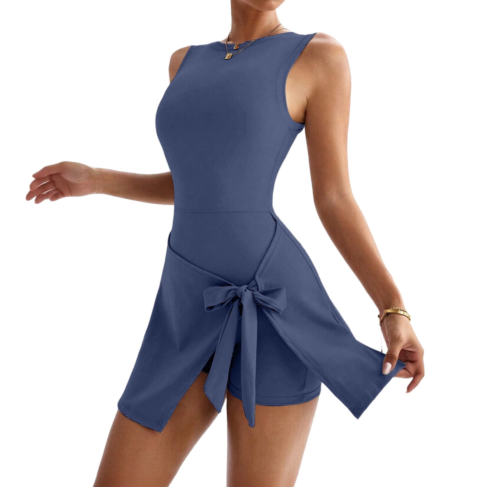 Miluxas Womens High Neck Tennis Dress Sleeveless Wrap Skirt Built in Shorts Golf Athletic Dress Workout Rompers Blue