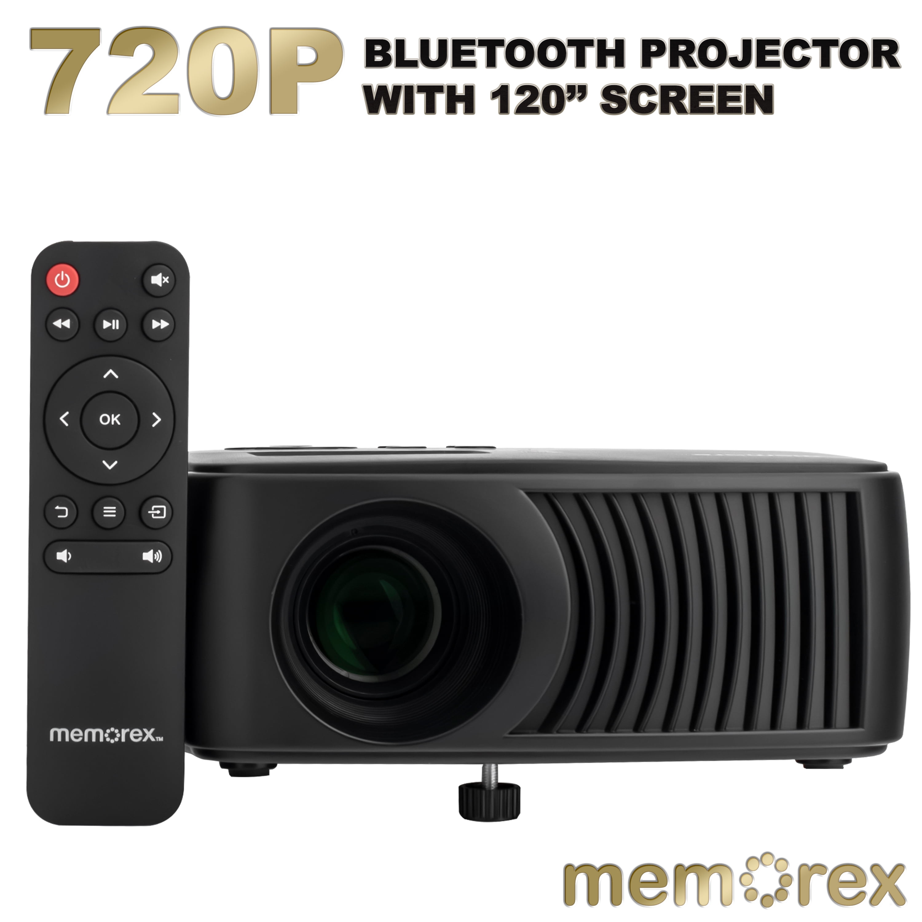 Memorex MX-PJS100 | 720P Bluetooth Projector with 100” Screen | HDMI/USB/AV Inputs | 90 ANSI Lumens, Built-In Speaker, and Wireless Audio Streaming