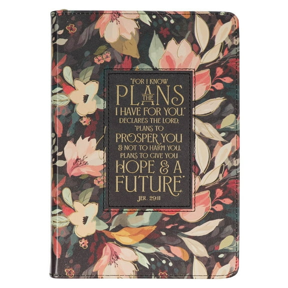 Christian Art Gifts Inspirational Zippered Journal, Hope and a Future - Jer. 29:11 Bible Verse, Midnight Vegan Leather Floral Botanical Wide Ruled Notebook, 336 Lined Pages w/Scripture, 9” x 6.4”