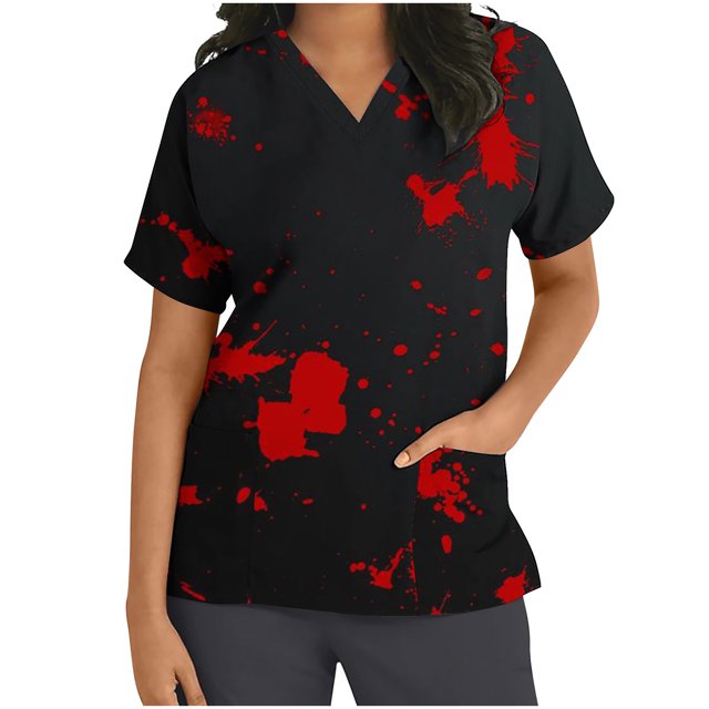 TIMIFIS Haut de Sarrau Imprimé Rouge d'Halloween pour Femme Uniforme de Travail à Manches Courtes Col en V Citrouille Araignées Fantôme Imprimé des Fêtes Tunique Sarraus Blouse de Tenue de Travail Hauts de Sarrau avec Poches-Rouge
