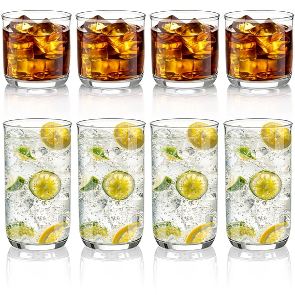 ReaNea Drinking Glasses Set of 8, PET Clear Plastic Highball Glasses 14oz & Whiskey Cocktail Glasses Set 11.5oz, Heavy Duty Unbreakable Water Glasses Cup Tumbler Glassware for Beer, Juice, Milk