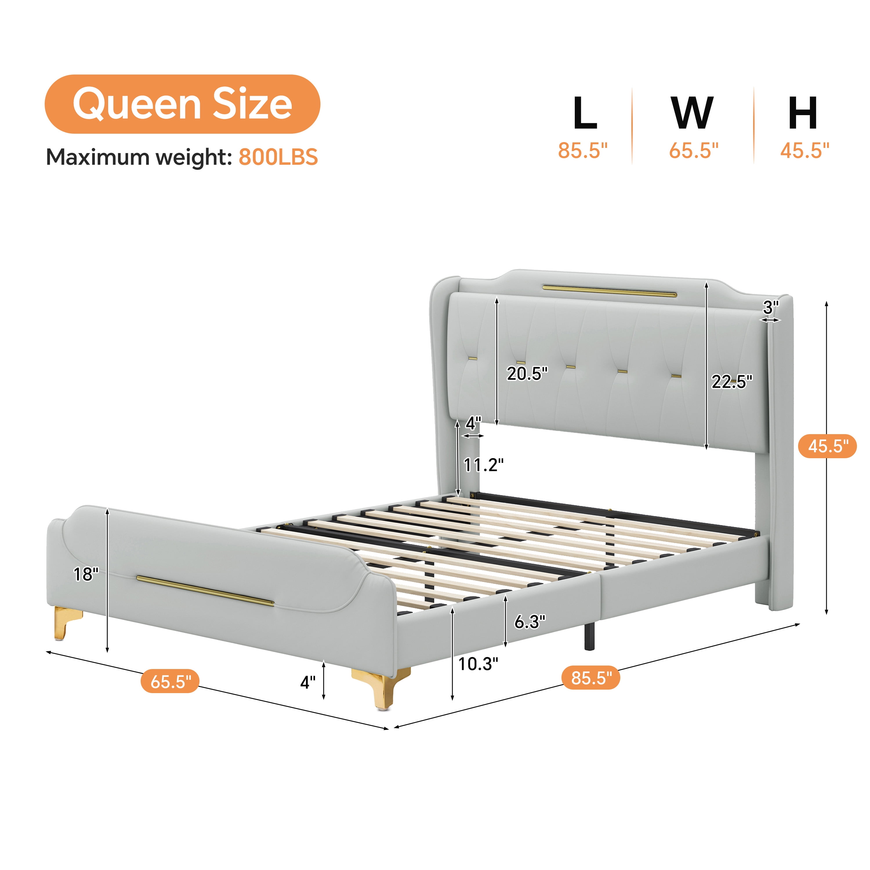 FFZ Modern PU Leather Upholstered Queen Platform Bed Frame with Wingback Headboard, Grey